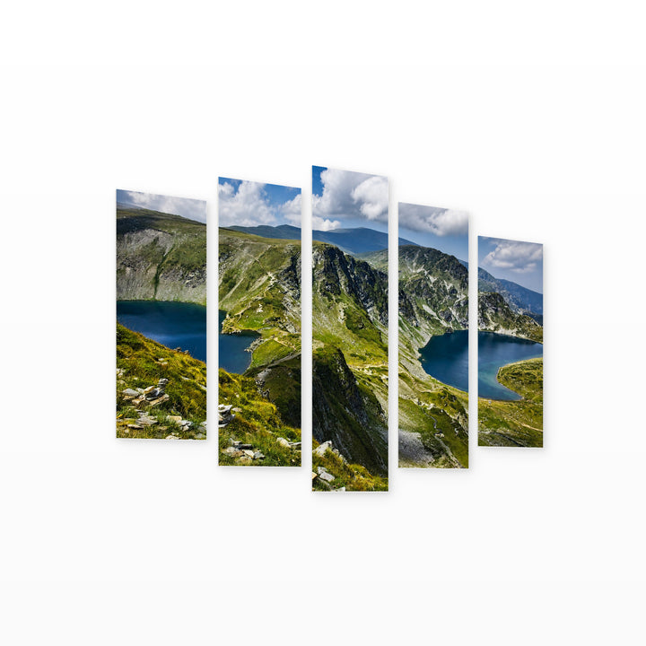 Seven Rila Lakes with Geometric Rhythm — five-panel wall art on white background in perspective | 5wallart 55851 M1