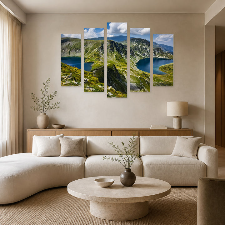 Seven Rila Lakes with Geometric Rhythm — five-panel wall art in frontal interior | 5wallart 55851 M3