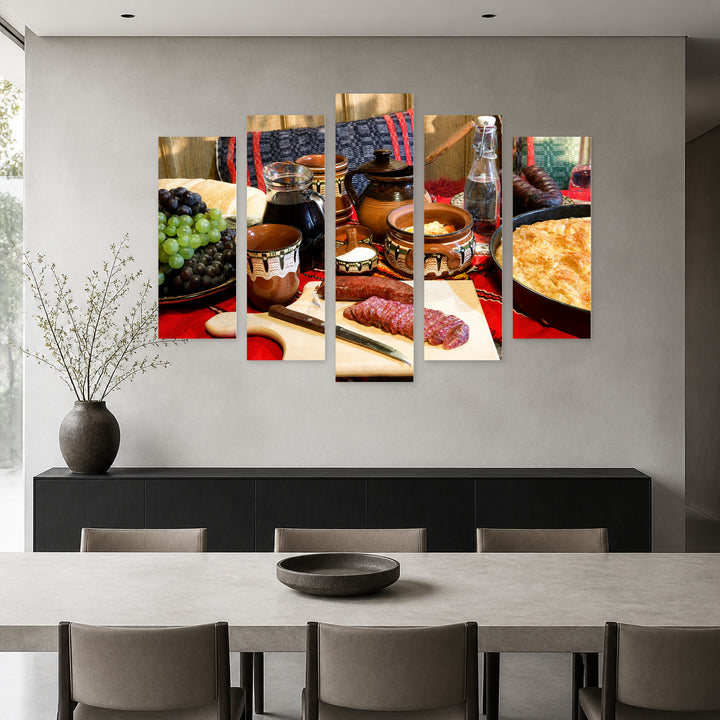 Traditional Bulgarian Table in Vivid Color — five-panel wall art in frontal interior | 5wallart 55854 M3