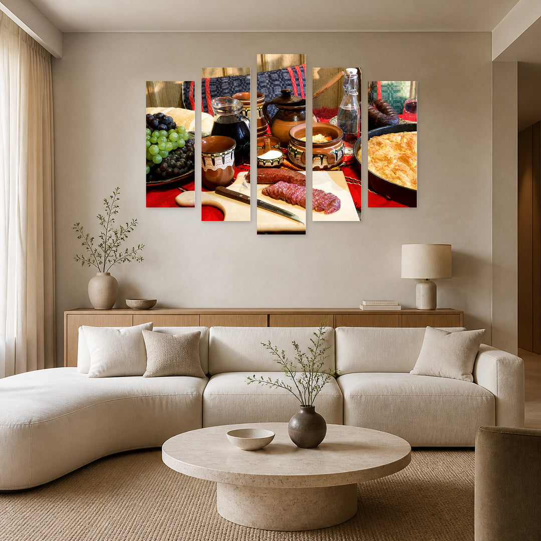 Traditional Bulgarian Table in Vivid Color — five-panel wall art in alternate frontal interior | 5wallart 55854 M4