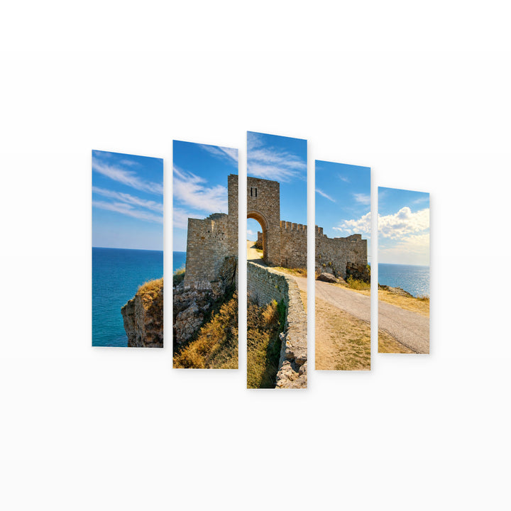 Entrance to Cape Kaliakra in Blue and Gold — five-panel wall art on white background in perspective | 5wallart 55855 M1