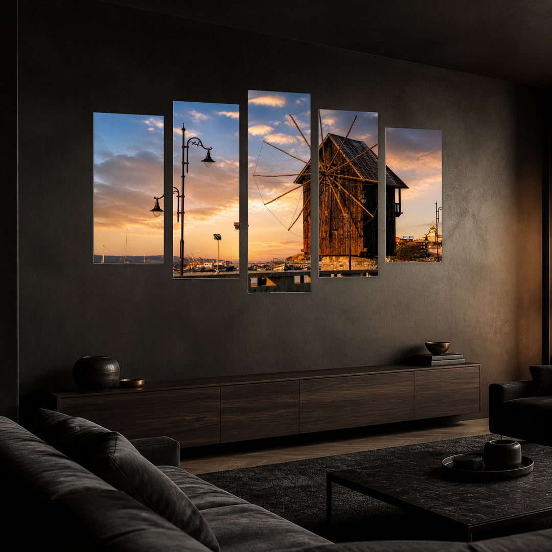 Sunset in Nessebar in Serene Light — five-panel wall art in perspective interior | 5wallart 55857 M2