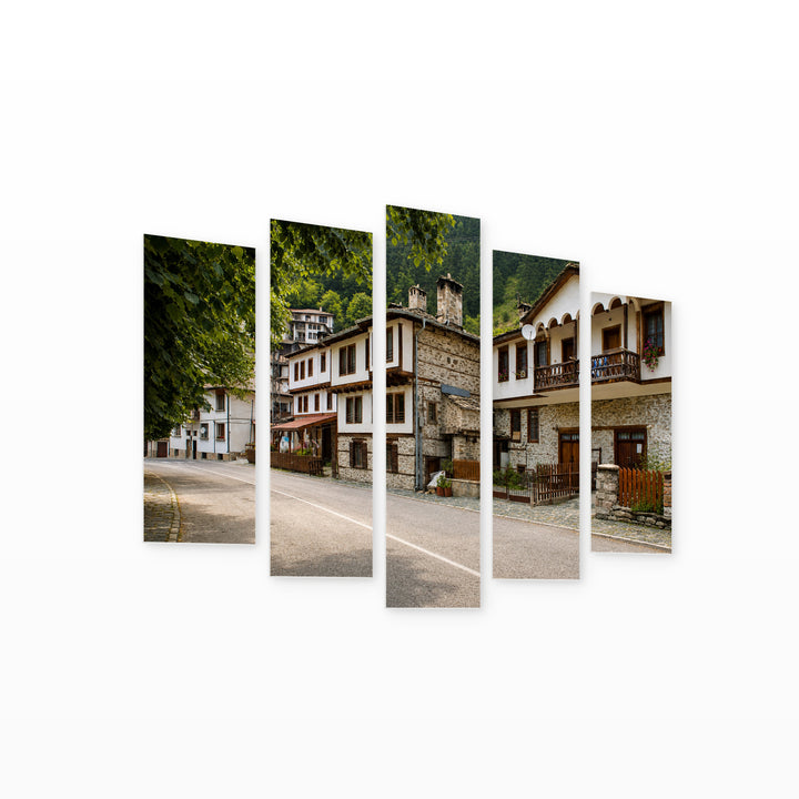 Village of Shiroka Laka in Serene Light — five-panel wall art on white background in perspective | 5wallart 55860 M1