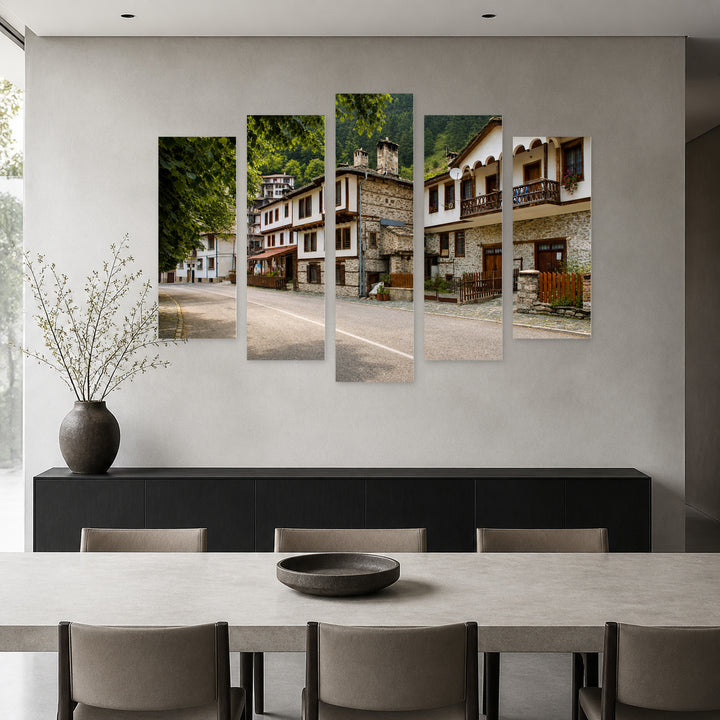 Village of Shiroka Laka in Serene Light — five-panel wall art in frontal interior | 5wallart 55860 M3