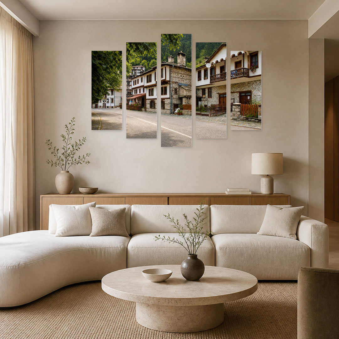 Village of Shiroka Laka in Serene Light — five-panel wall art in alternate frontal interior | 5wallart 55860 M4