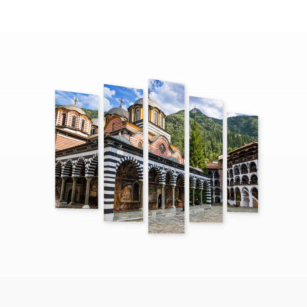 Rila Monastery in Serene Light — five-panel wall art on white background in perspective | 5wallart 55861 M1