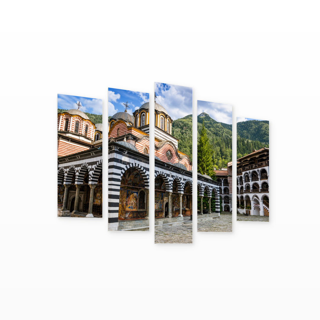 Rila Monastery in Serene Light — five-panel wall art on white background in perspective | 5wallart 55861 M1