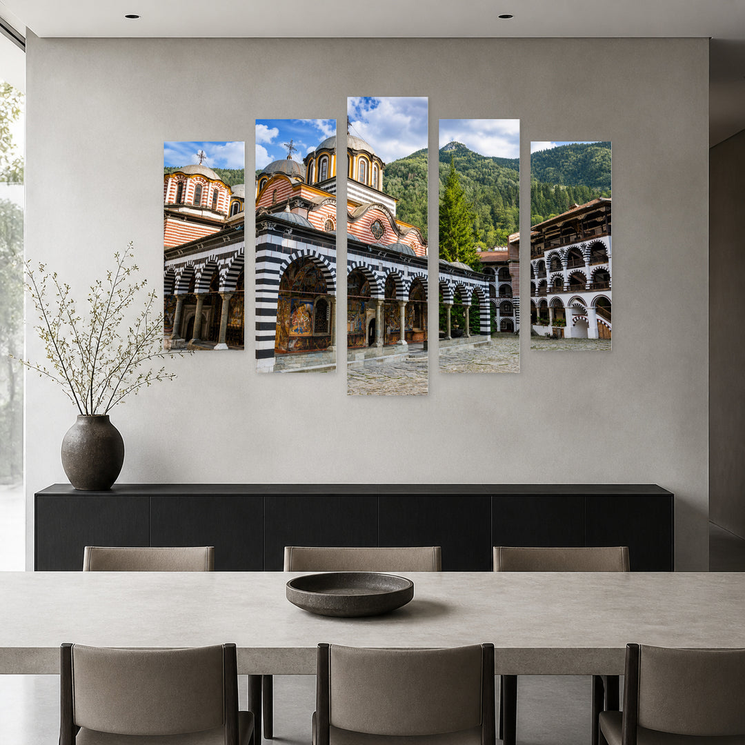 Rila Monastery in Serene Light — five-panel wall art in alternate frontal interior | 5wallart 55861 M4