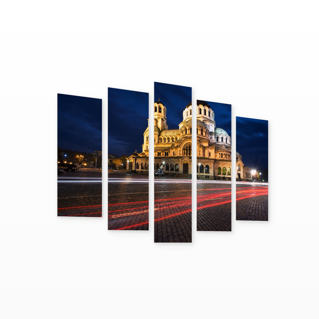 Cathedral "alexander Nevsky" in Blue and Gold — five-panel wall art on white background in perspective | 5wallart 55862 M1