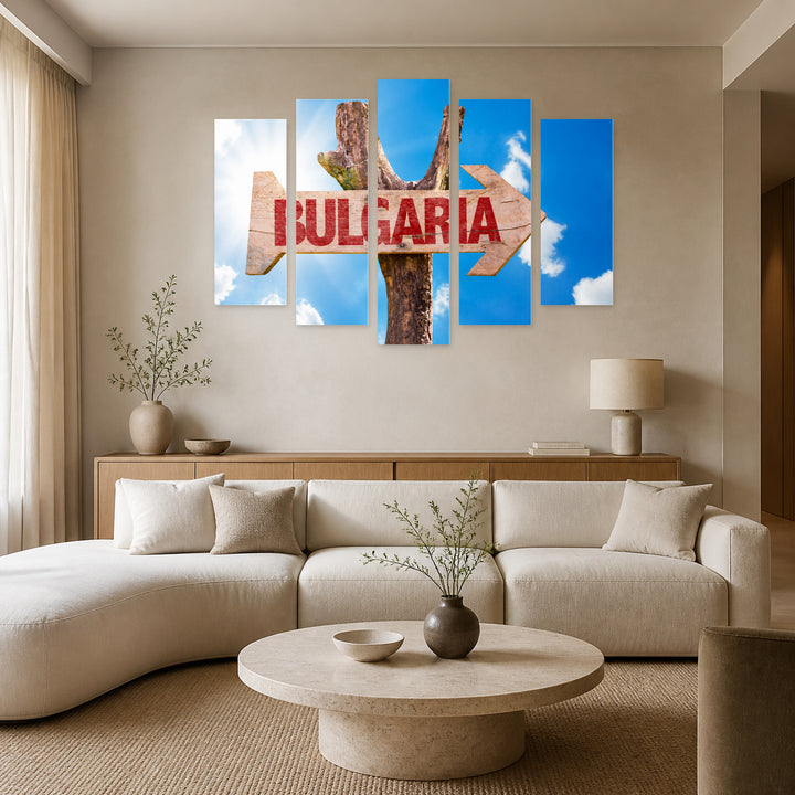 Wooden Sign Bulgaria in Serene Light — five-panel wall art in frontal interior | 5wallart 55863 M3