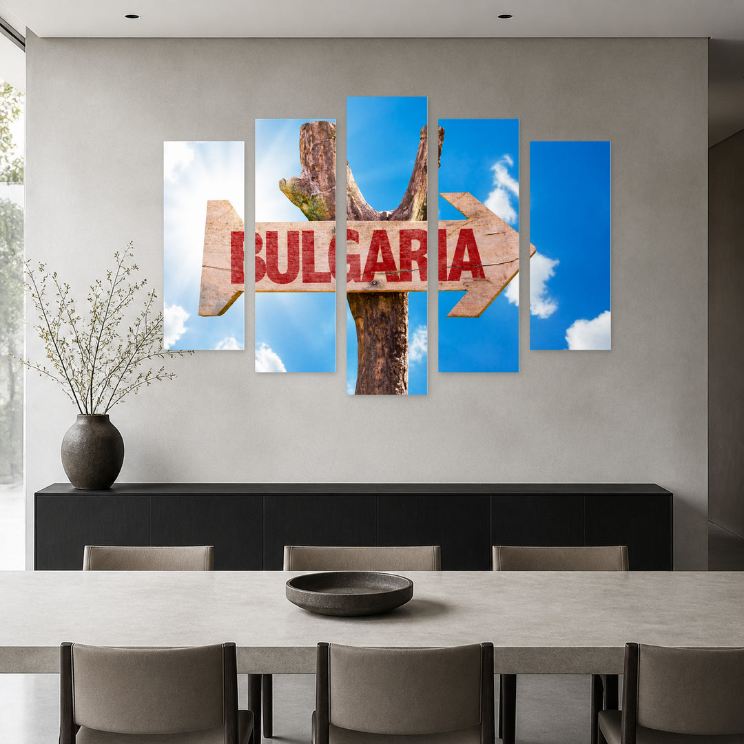 Wooden Sign Bulgaria in Serene Light — five-panel wall art in alternate frontal interior | 5wallart 55863 M4