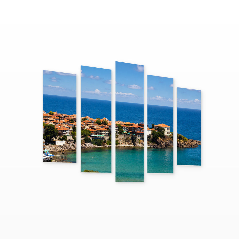Village on the Seashore with Dreamlike Atmosphere — five-panel wall art on white background in perspective | 5wallart 55864 M1