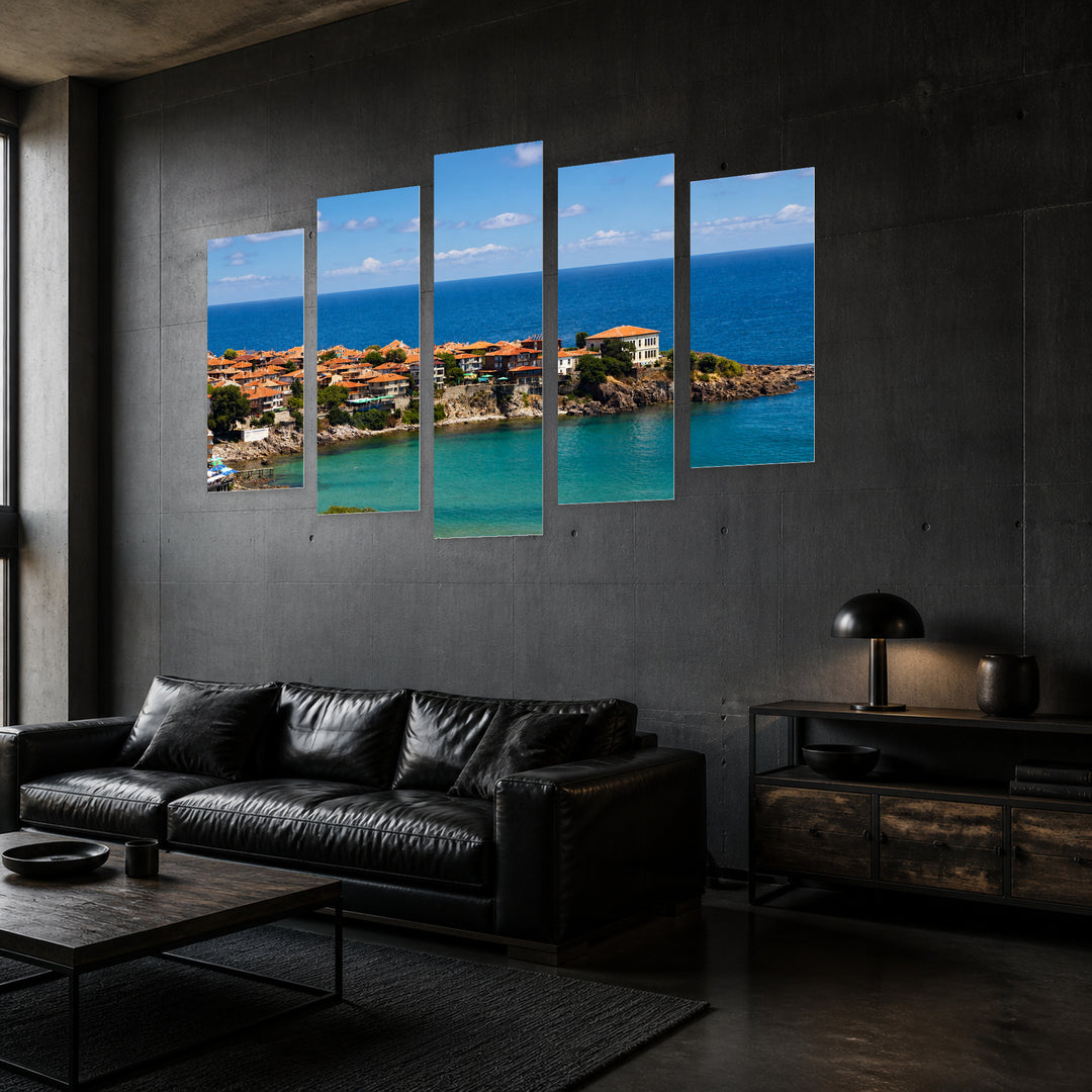 Village on the Seashore with Dreamlike Atmosphere — five-panel wall art in perspective interior | 5wallart 55864 M2