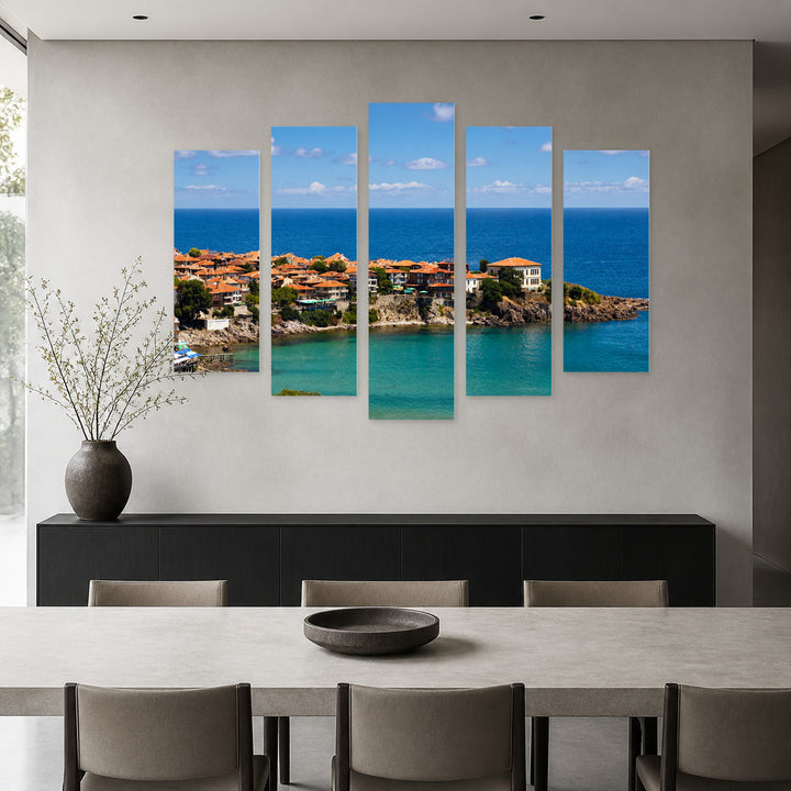 Village on the Seashore with Dreamlike Atmosphere — five-panel wall art in frontal interior | 5wallart 55864 M3