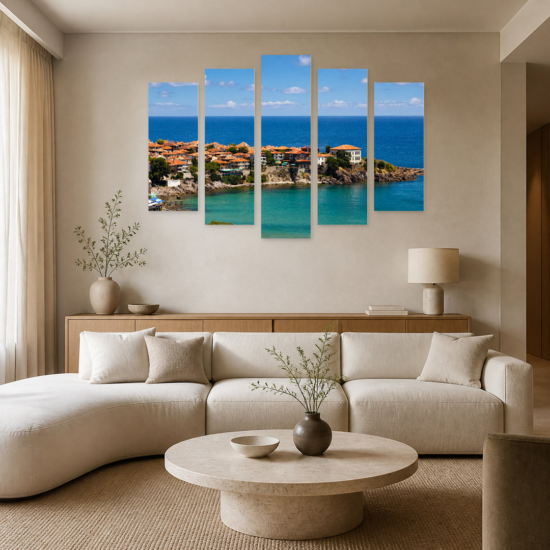 Village on the Seashore with Dreamlike Atmosphere — five-panel wall art in alternate frontal interior | 5wallart 55864 M4