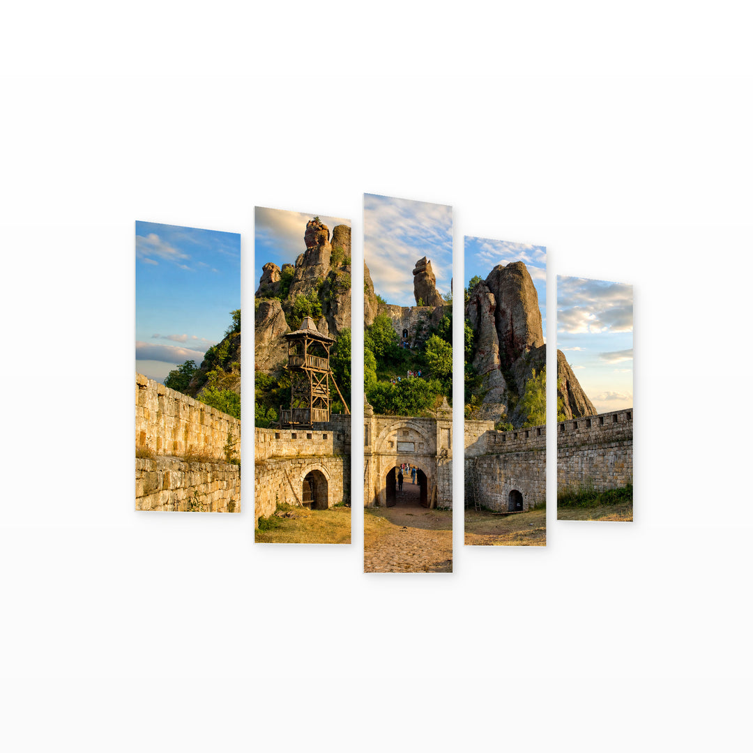 Belogradchik Rocks in Serene Light — five-panel wall art on white background in perspective | 5wallart 55866 M1