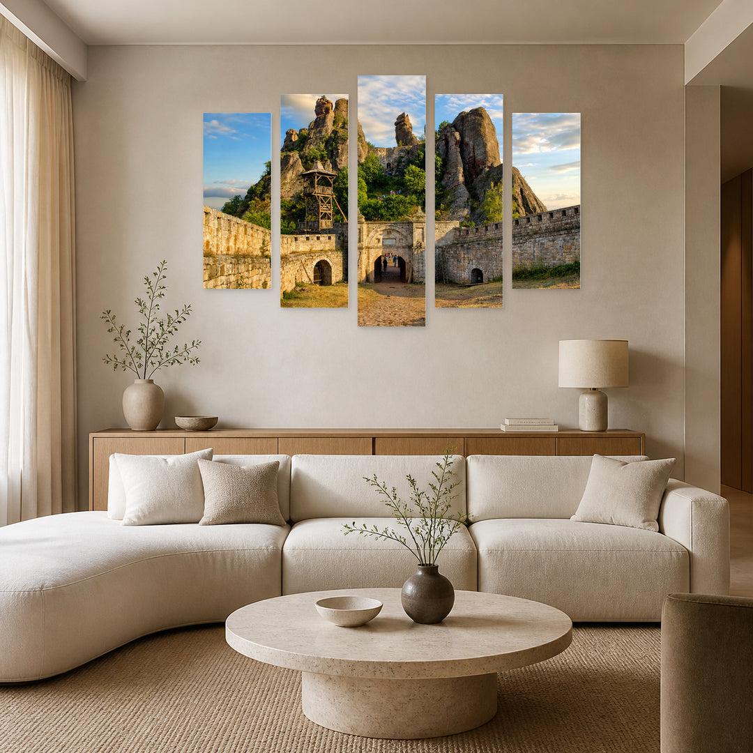 Belogradchik Rocks in Serene Light — five-panel wall art in alternate frontal interior | 5wallart 55866 M4