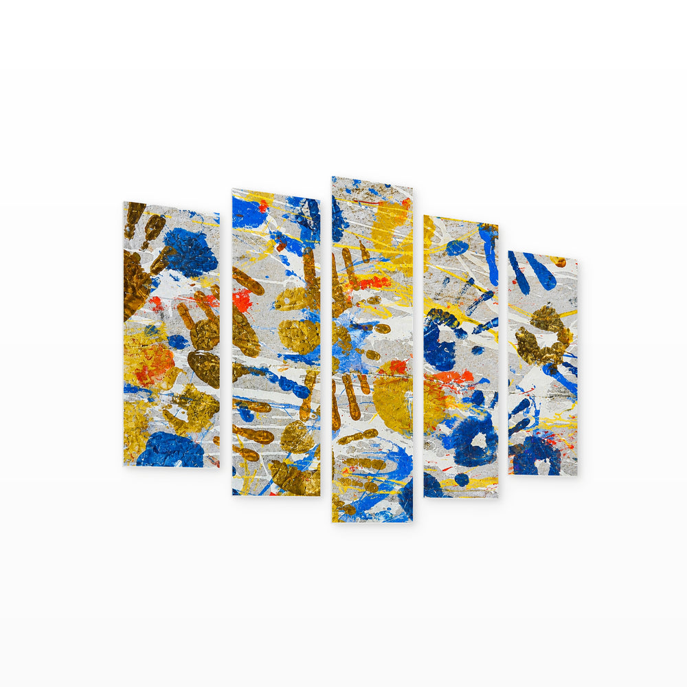 Colorful Handprints in Blue and Gold — five-panel wall art on white background in perspective | 5wallart 55869 M1