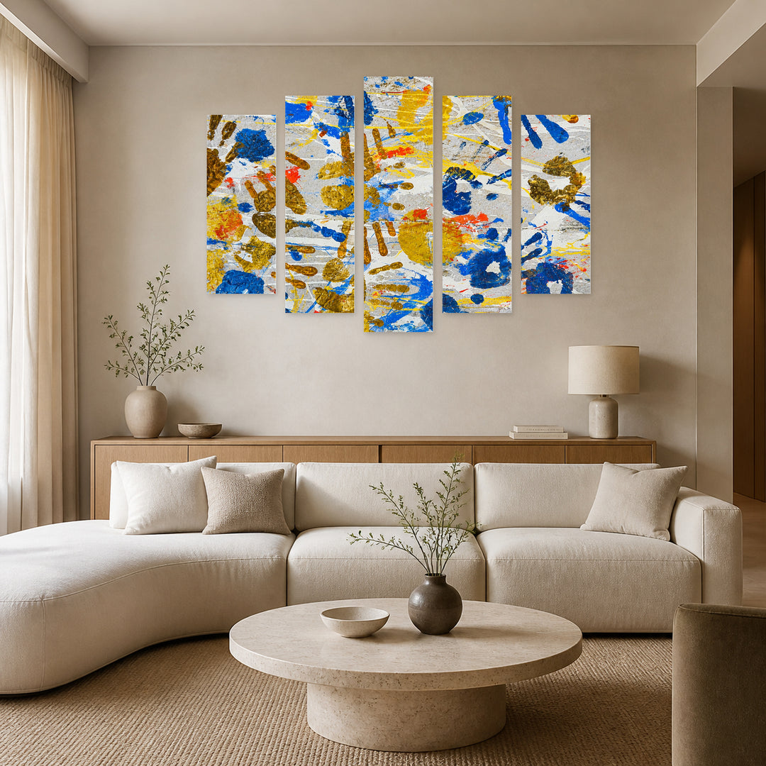 Colorful Handprints in Blue and Gold — five-panel wall art in frontal interior | 5wallart 55869 M3