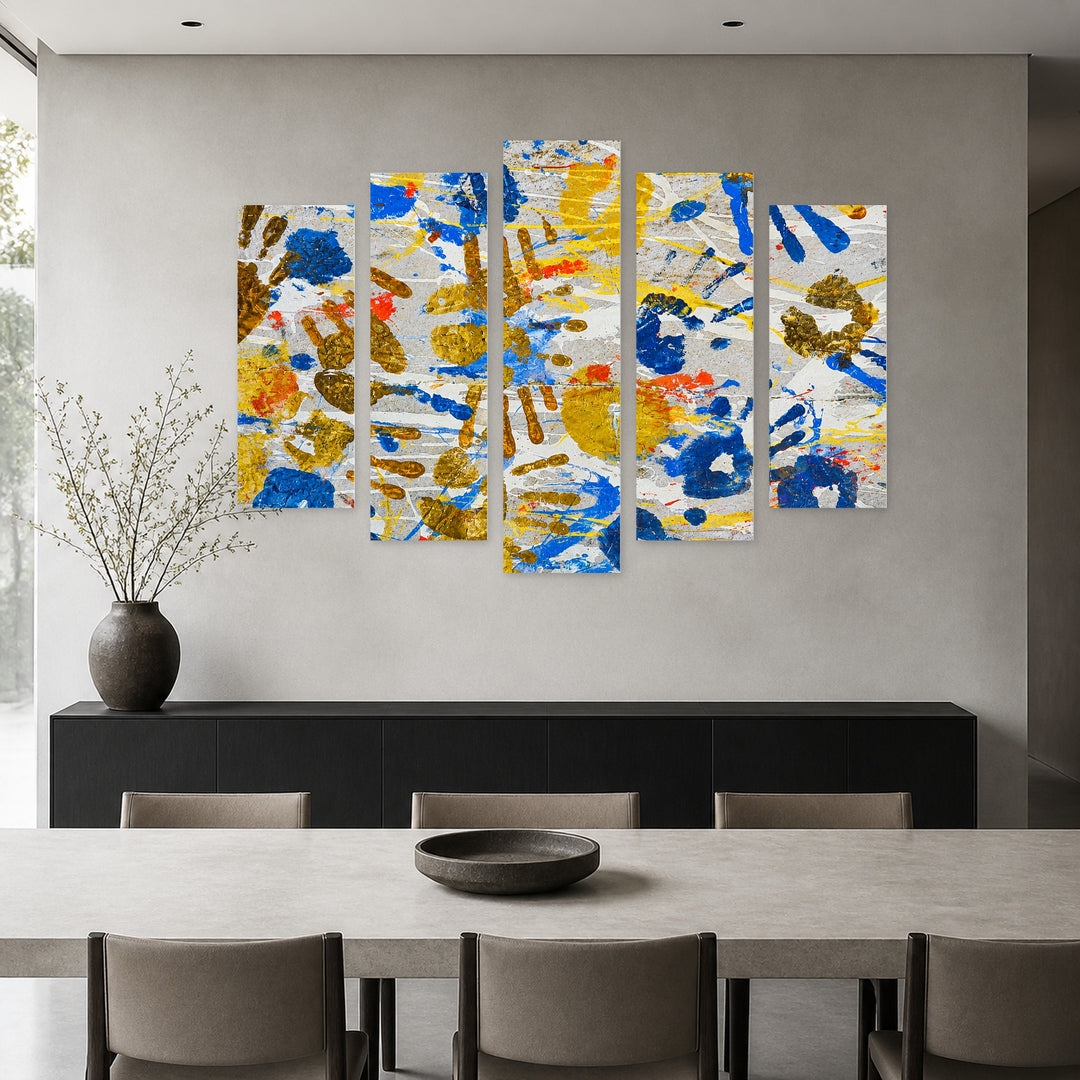 Colorful Handprints in Blue and Gold — five-panel wall art in alternate frontal interior | 5wallart 55869 M4