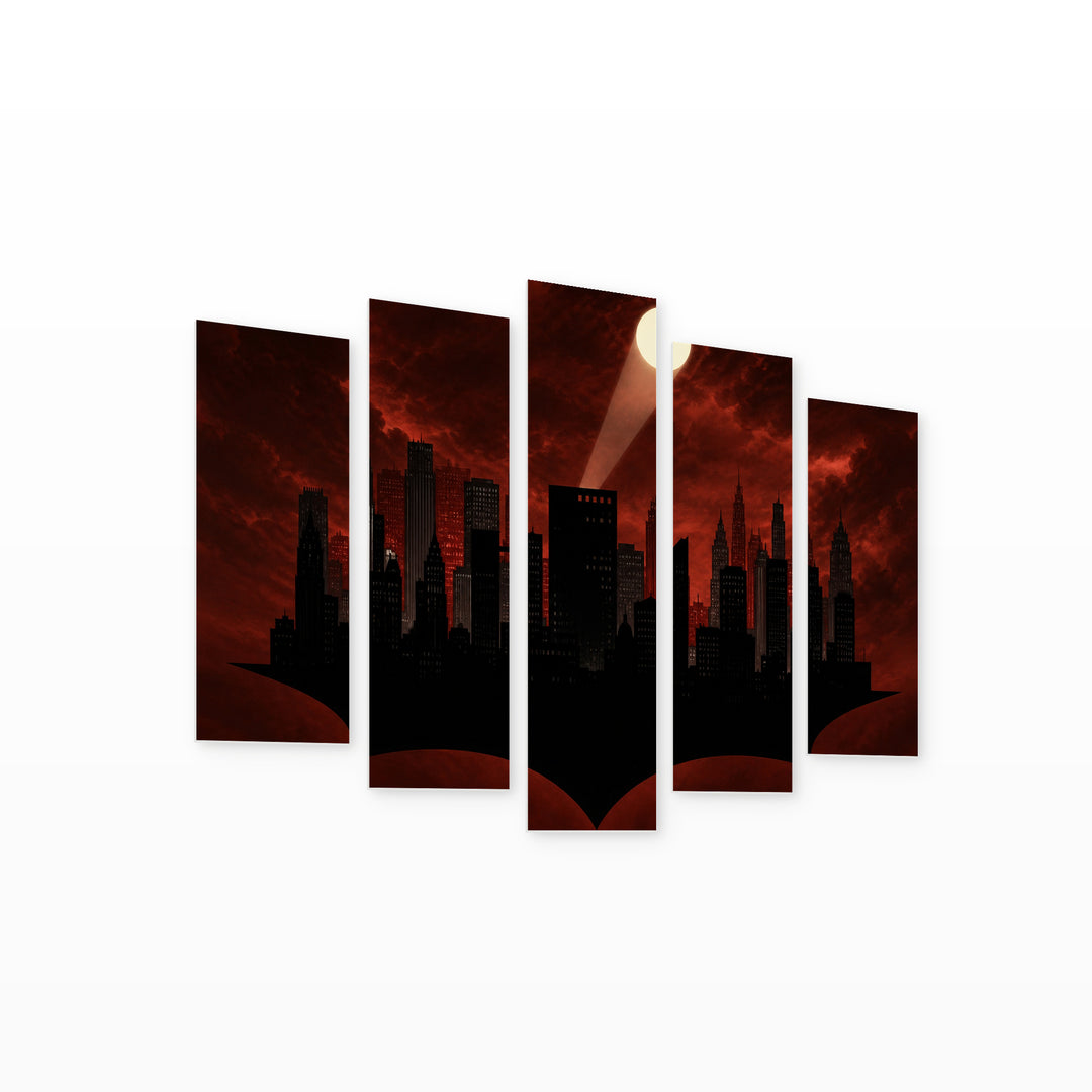 Dark Comic Metropolis Illustration at Night — five-panel wall art on white background in perspective | 5wallart 55870 M1