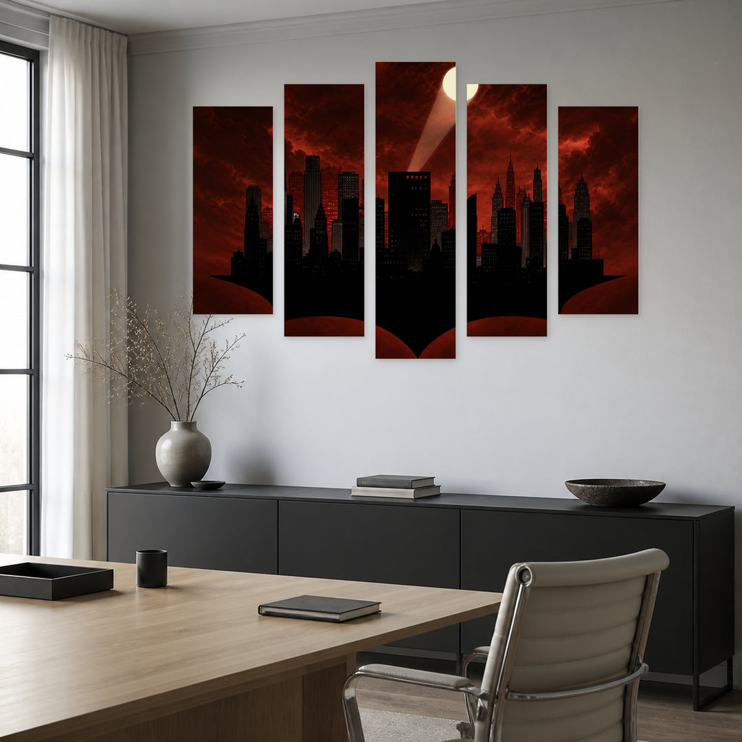 Dark Comic Metropolis Illustration at Night — five-panel wall art in frontal interior | 5wallart 55870 M3