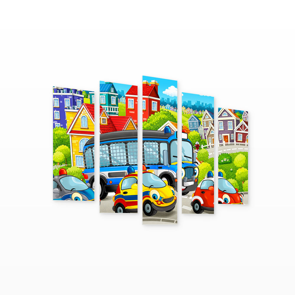 Children's Illustration - Happy Cars with Geometric Rhythm — five-panel wall art on white background in perspective | 5wallart 55871 M1