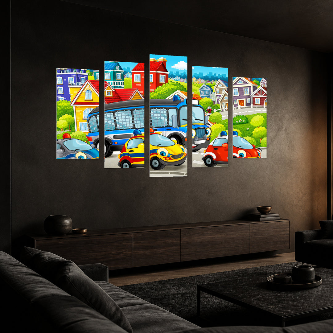 Children's Illustration - Happy Cars with Geometric Rhythm — five-panel wall art in perspective interior | 5wallart 55871 M2