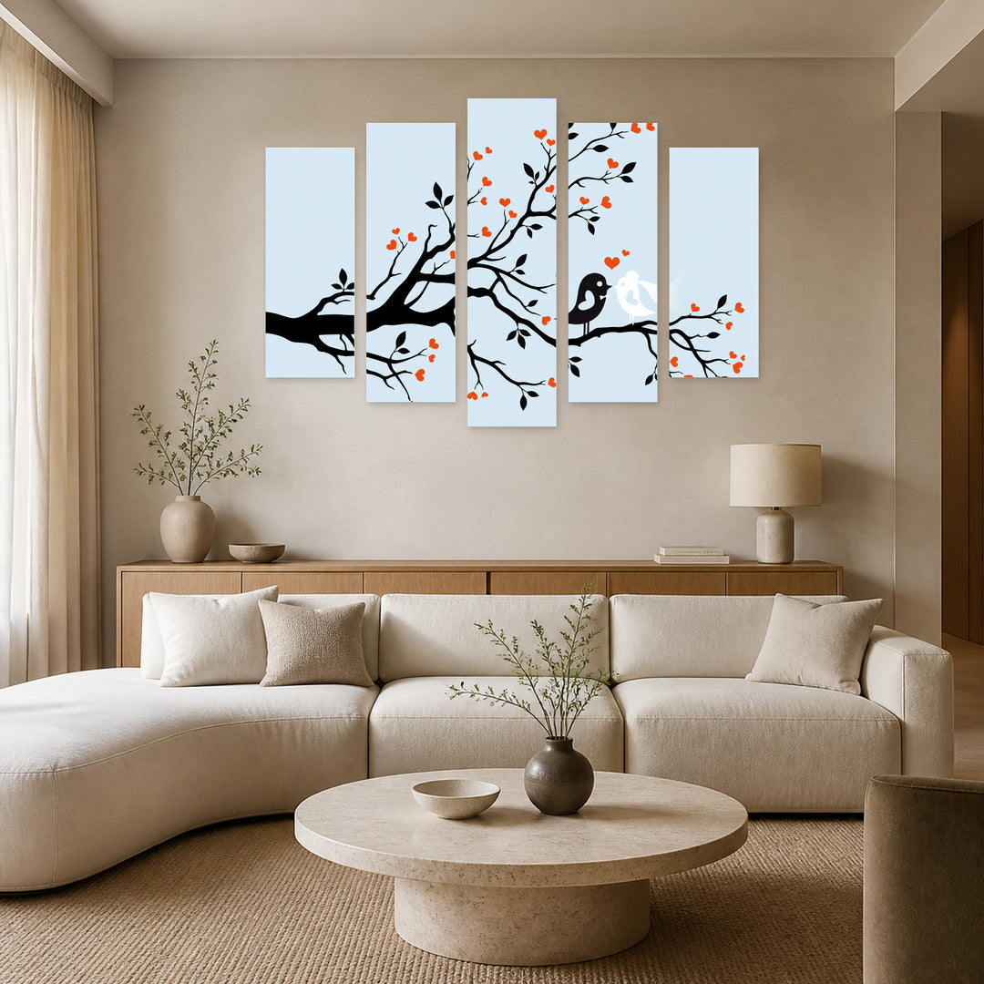 Loving Birds in Serene Light — five-panel wall art in frontal interior | 5wallart 55873 M3