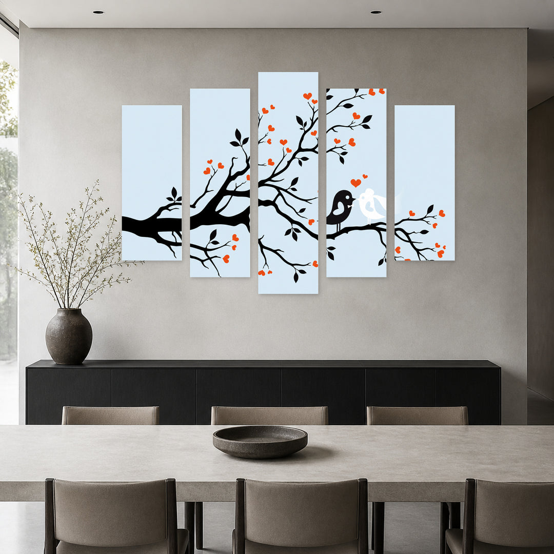 Loving Birds in Serene Light — five-panel wall art in alternate frontal interior | 5wallart 55873 M4