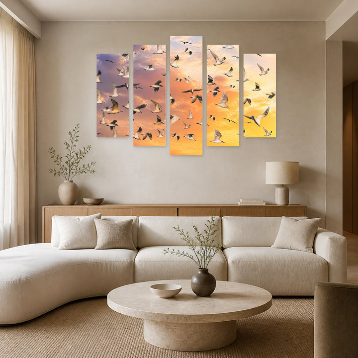 Colorful Sky with Many Birds Wildlife Portrait — five-panel wall art in alternate frontal interior | 5wallart 55874 M4
