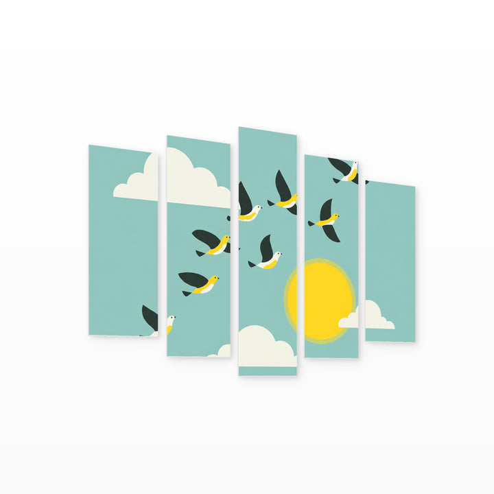 Birds in the Sky with Dreamlike Atmosphere — five-panel wall art on white background in perspective | 5wallart 55875 M1