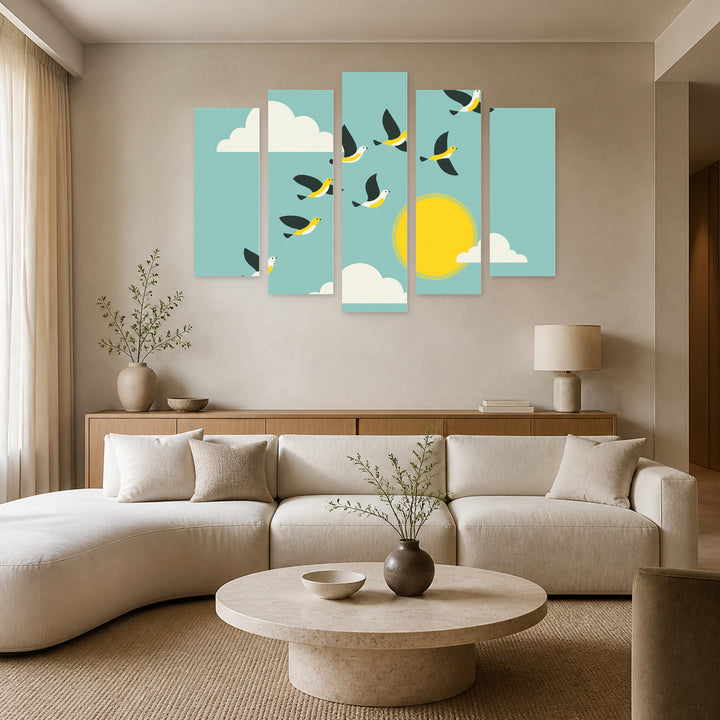 Birds in the Sky with Dreamlike Atmosphere — five-panel wall art in frontal interior | 5wallart 55875 M3
