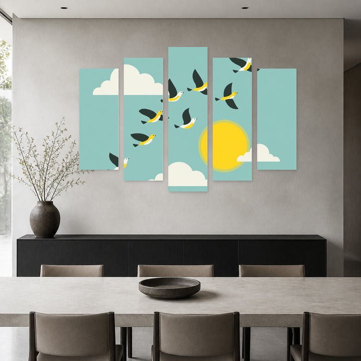 Birds in the Sky with Dreamlike Atmosphere — five-panel wall art in alternate frontal interior | 5wallart 55875 M4