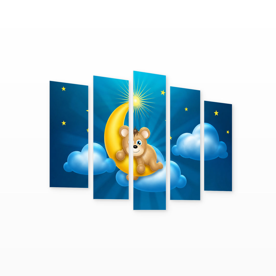 Bear on the Moon with Dramatic Contrast — five-panel wall art on white background in perspective | 5wallart 55876 M1