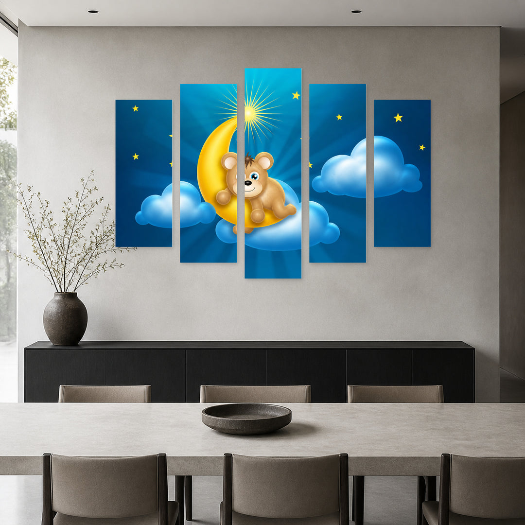 Bear on the Moon with Dramatic Contrast — five-panel wall art in frontal interior | 5wallart 55876 M3