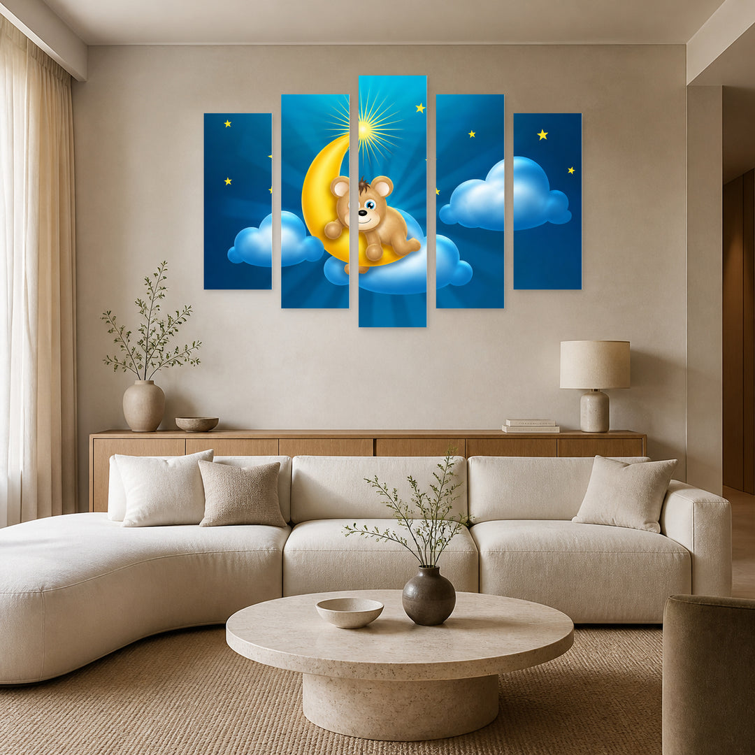 Bear on the Moon with Dramatic Contrast — five-panel wall art in alternate frontal interior | 5wallart 55876 M4