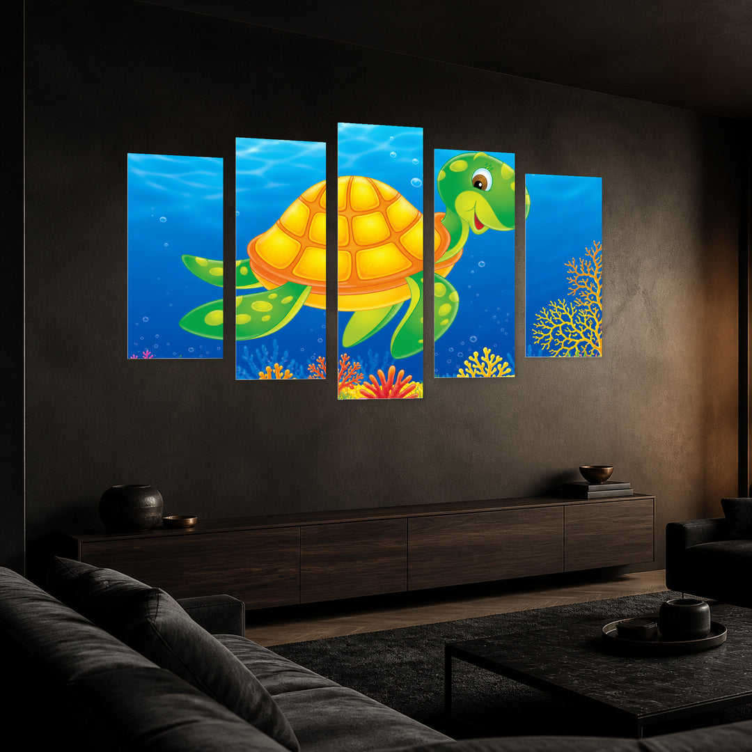 A Sea Turtle in Blue and Gold — five-panel wall art in perspective interior | 5wallart 55877 M2