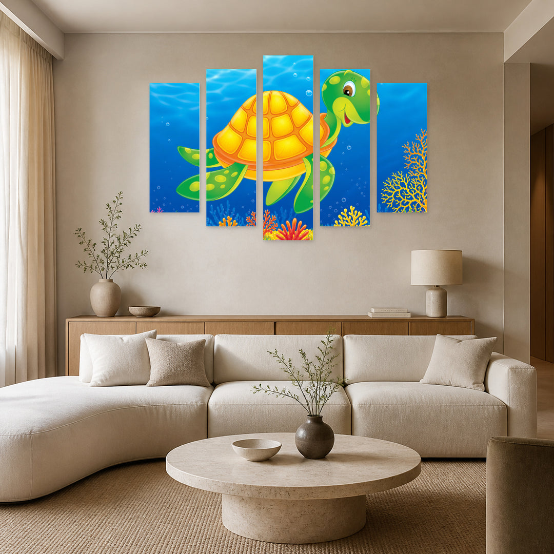 A Sea Turtle in Blue and Gold — five-panel wall art in frontal interior | 5wallart 55877 M3