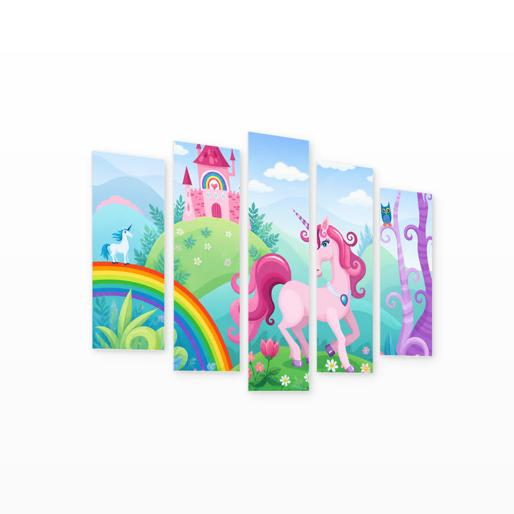 A Unicorn with Dreamlike Atmosphere — five-panel wall art on white background in perspective | 5wallart 55878 M1