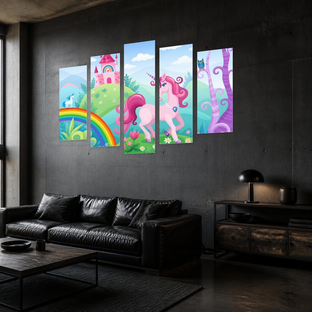 A Unicorn with Dreamlike Atmosphere — five-panel wall art in perspective interior | 5wallart 55878 M2