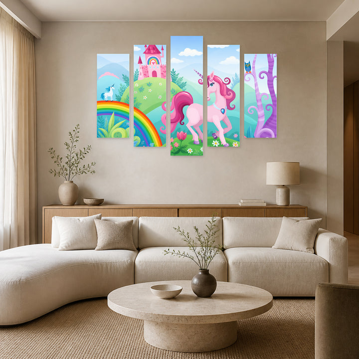 A Unicorn with Dreamlike Atmosphere — five-panel wall art in alternate frontal interior | 5wallart 55878 M4