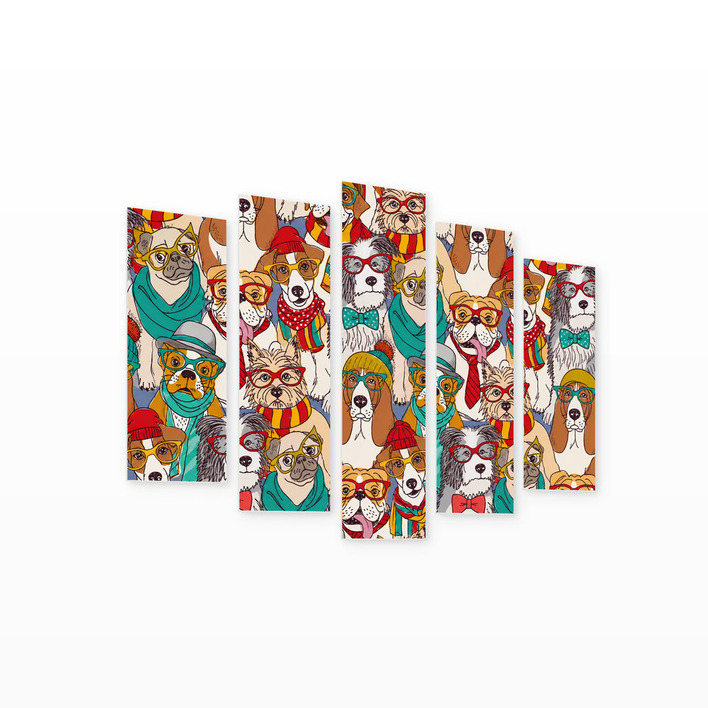 Dogs with Glasses in Vivid Color — five-panel wall art on white background in perspective | 5wallart 55879 M1