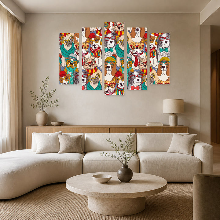 Dogs with Glasses in Vivid Color — five-panel wall art in frontal interior | 5wallart 55879 M3
