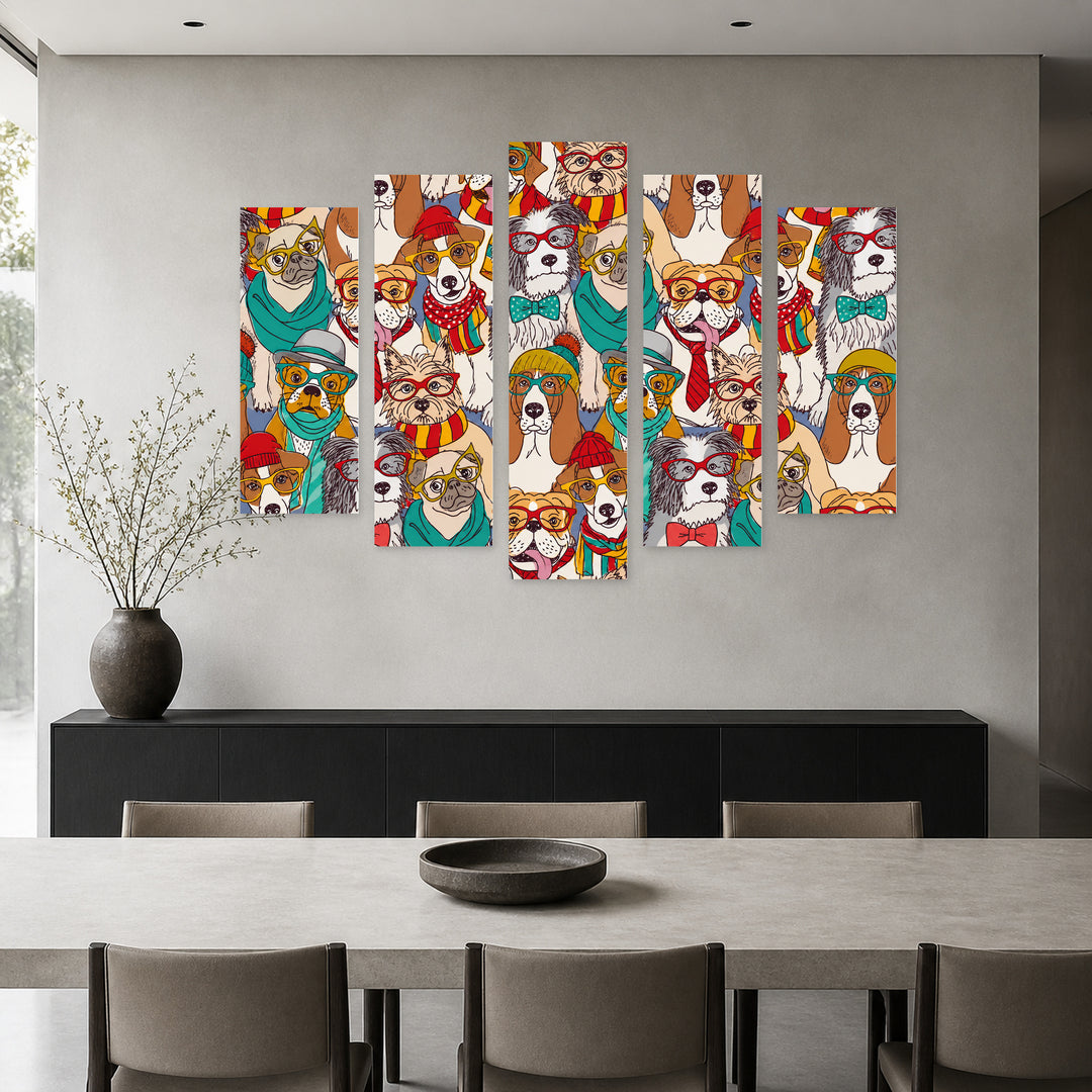Dogs with Glasses in Vivid Color — five-panel wall art in alternate frontal interior | 5wallart 55879 M4