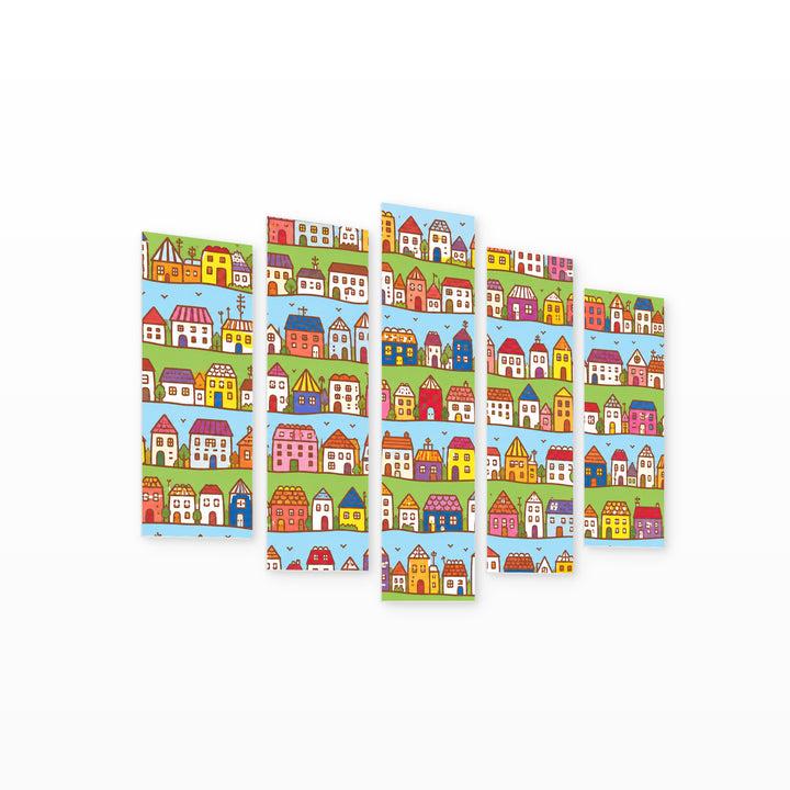 Colorful Little Houses with Geometric Rhythm — five-panel wall art on white background in perspective | 5wallart 55881 M1