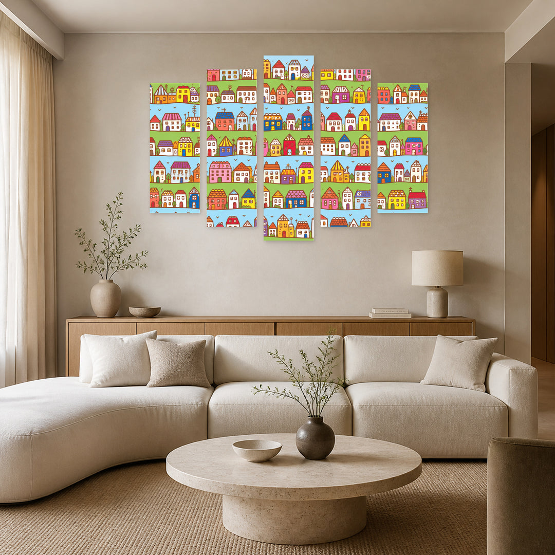 Colorful Little Houses with Geometric Rhythm — five-panel wall art in frontal interior | 5wallart 55881 M3