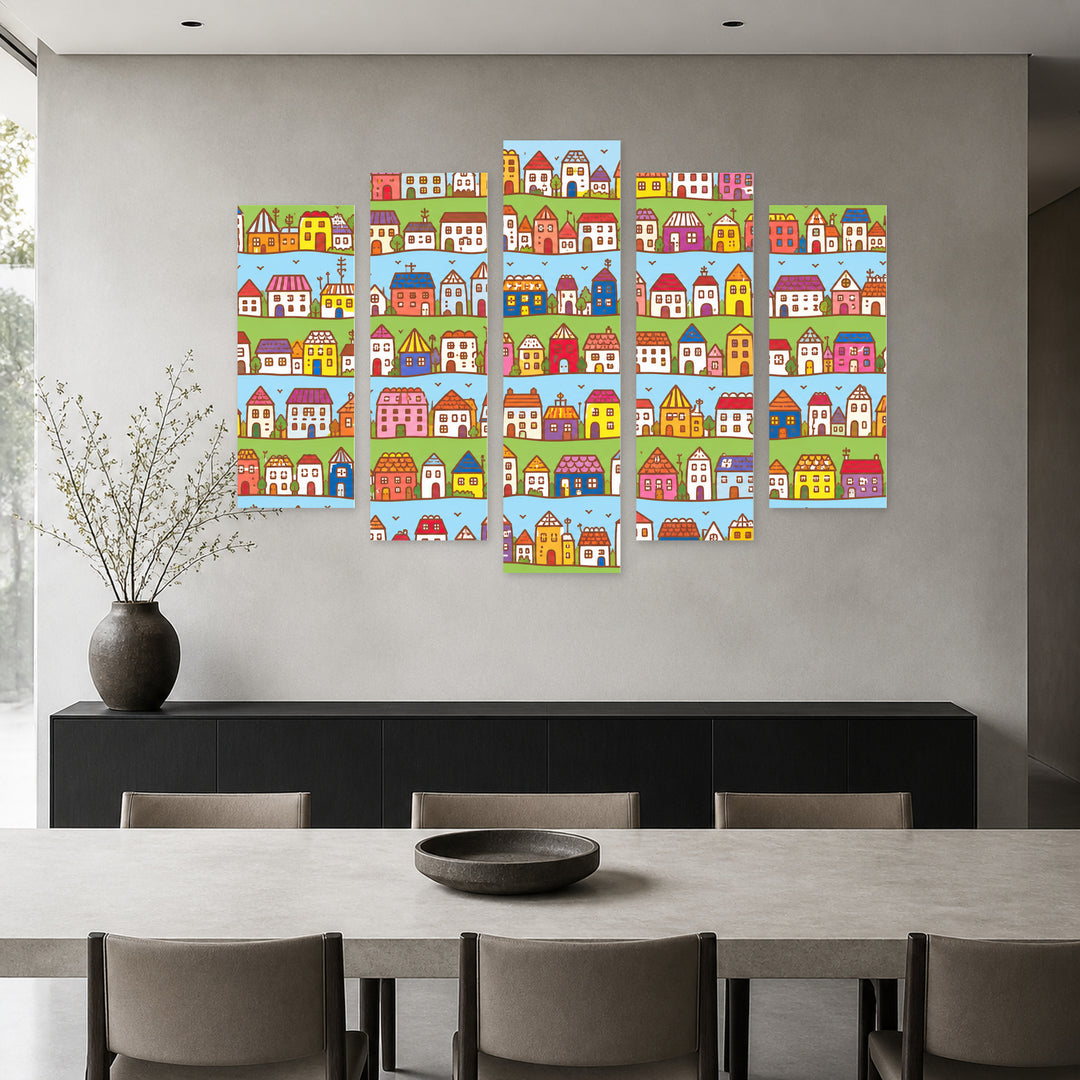 Colorful Little Houses with Geometric Rhythm — five-panel wall art in alternate frontal interior | 5wallart 55881 M4