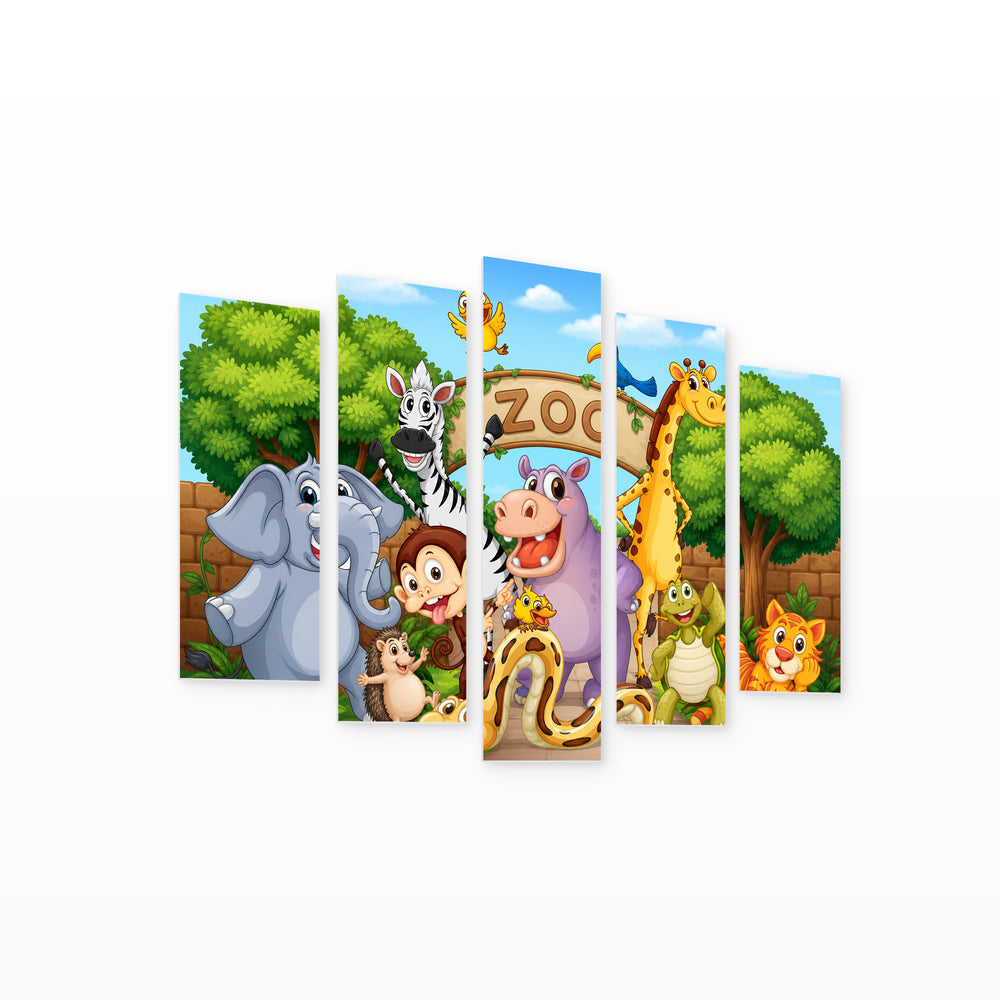Animals in Front of the Zoo Wildlife Portrait — five-panel wall art on white background in perspective | 5wallart 55882 M1