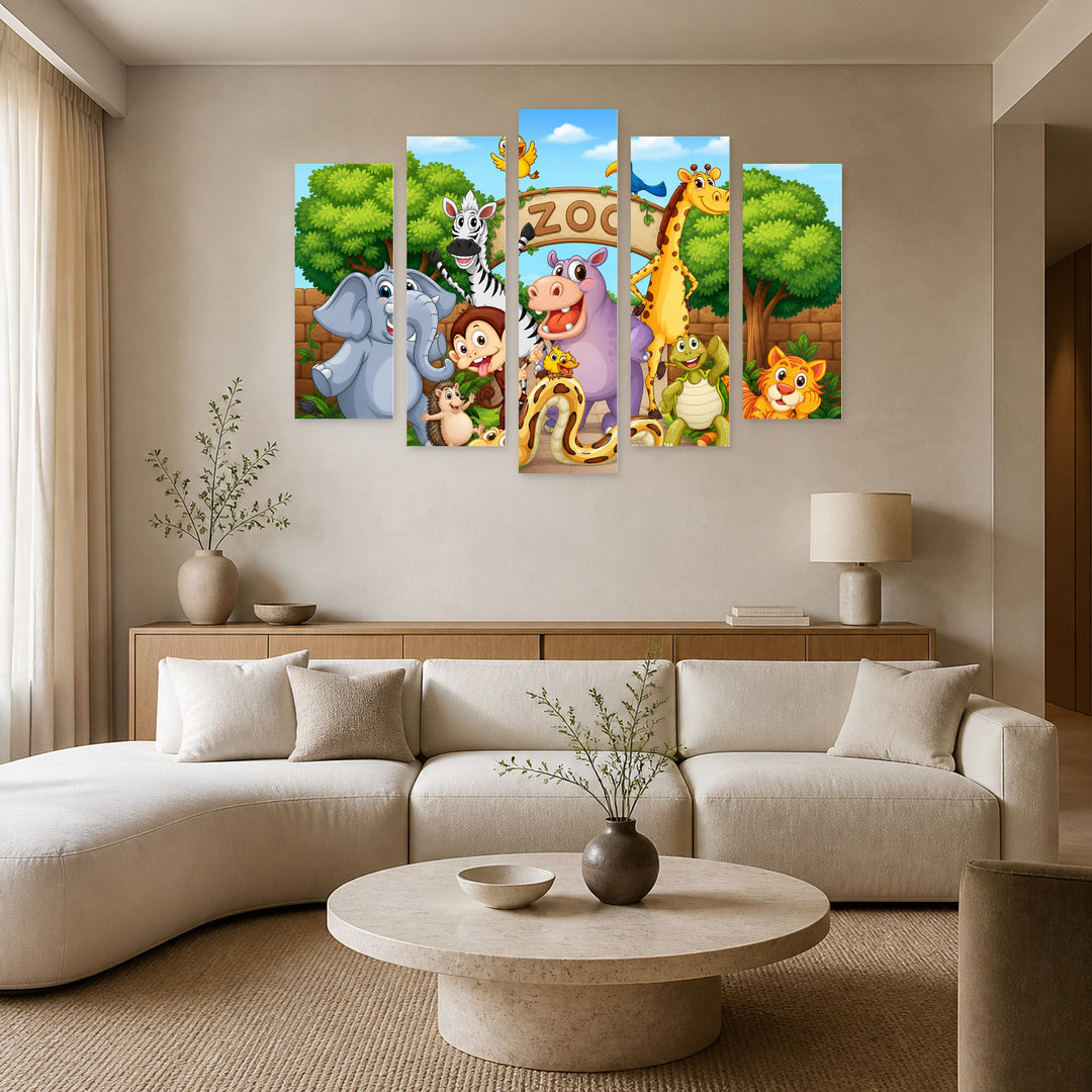Animals in Front of the Zoo Wildlife Portrait — five-panel wall art in alternate frontal interior | 5wallart 55882 M4